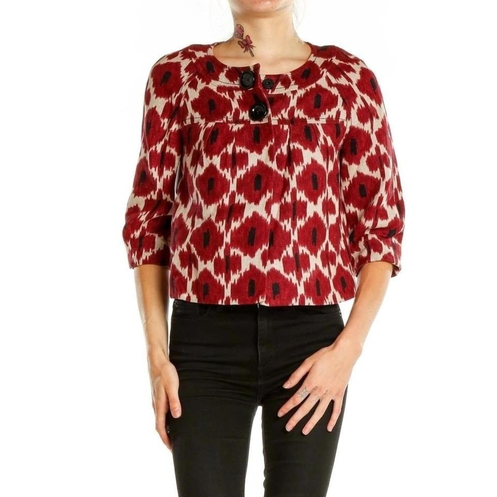 MICHAEL Michael Kors‎ Red Ikat Print Cropped Jacket 3/4 Sleeve Womens Size M